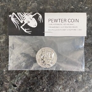 Single Coin 3, handmade sand-cast pewter coin pocket sculptures in scifi, steampunk, archaic style image 3