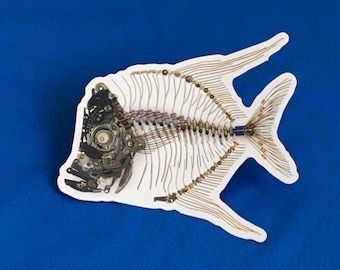Lookdown fish diecut sticker steampunk sculpture decal