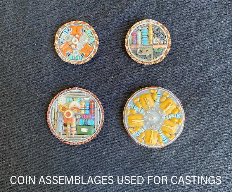 Single Coin 3, handmade sand-cast pewter coin pocket sculptures in scifi, steampunk, archaic style image 4