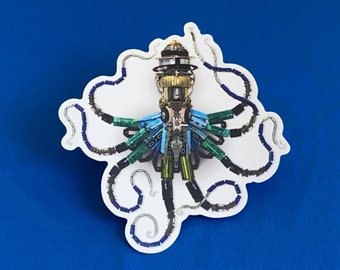 Blue and Green Octopus diecut sticker steampunk sculpture decal