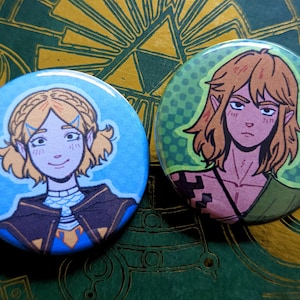 TOTK The Legend of Zelda: Tears of the Kingdom Zelda, Link, Prince Sidon Buttons Set of 3 1.5in