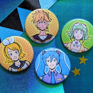 May include: Four round anime character buttons. The buttons feature illustrations of characters with various hair colors, including yellow, green, and blue. The background of the buttons is a dotted pattern. Two gold star-shaped decorations are also present.
