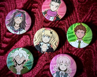 DANGANRONPA Super DanganRonpa 2 Junko, Hajime, Komaeda, Chiaki, Ibuki, Gundham, Kazuichi, Mikan Pinback Buttons 1.5in