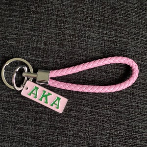 AKA Keychain With Metal Nameplate and Pink Leather Handle