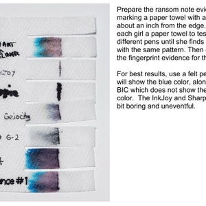 Op de afbeelding: Een close-up van een witte papieren handdoek met verschillende penstreken erop getekend. De gebruikte pennen zijn Henart Fineliner, InkJoy, Sharpie, BIC Gelocity, Pilot G-2 en Felt. De tekst "Evidence #1" staat onderaan de papieren handdoek.