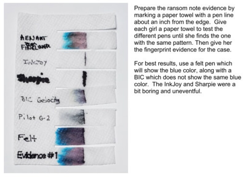 Op de afbeelding: Een close-up van een witte papieren handdoek met verschillende penstreken erop getekend. De gebruikte pennen zijn Henart Fineliner, InkJoy, Sharpie, BIC Gelocity, Pilot G-2 en Felt. De tekst "Evidence #1" staat onderaan de papieren handdoek.