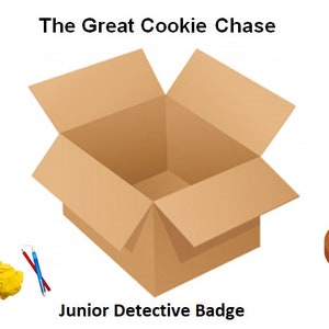 Op de afbeelding: Een open bruine kartonnen doos met een gekreukt geel papiertje, twee rode potloden en een blauw potlood ervoor. De tekst "The Great Cookie Chase" staat boven de doos, en de tekst "Junior Detective Badge" staat onder de doos. Er is een paarse cirkel met een DNA-streng erin, een grijze draadprullenbak, een blauwe koffiebeker met een bruin deksel, en een vergrootglas met een voetafdruk erin.