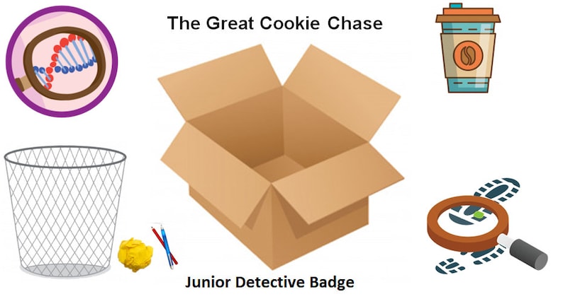 Op de afbeelding: Een open bruine kartonnen doos met een gekreukt geel papiertje, twee rode potloden en een blauw potlood ervoor. De tekst "The Great Cookie Chase" staat boven de doos, en de tekst "Junior Detective Badge" staat onder de doos. Er is een paarse cirkel met een DNA-streng erin, een grijze draadprullenbak, een blauwe koffiebeker met een bruin deksel, en een vergrootglas met een voetafdruk erin.
