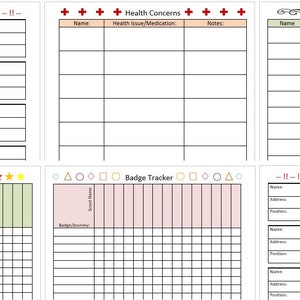 May include: A collection of printable forms for various organizational needs. Includes templates for emergency contacts, health concerns, troop rosters, attendance tracking, and badge tracking. Each form features a clean, organized layout with labeled sections for easy data entry.