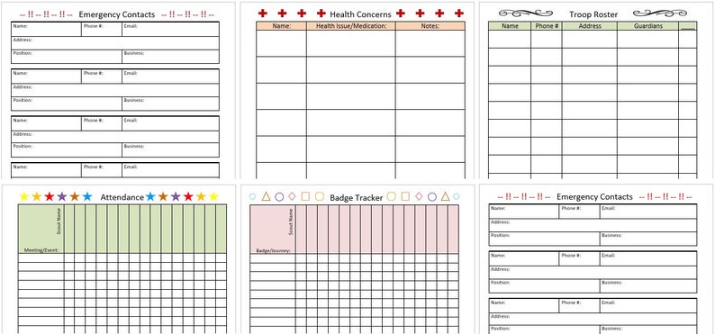 May include: A collection of printable forms for various organizational needs. Includes templates for emergency contacts, health concerns, troop rosters, attendance tracking, and badge tracking. Each form features a clean, organized layout with labeled sections for easy data entry.