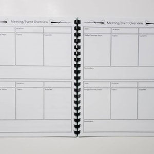 May include: Open notebook with a spiral binding, featuring a "Meeting/Event Overview" layout. The pages are white with black lines, creating sections for date, location, topics, supplies, and reminders. The notebook is designed for organizing meetings and events.