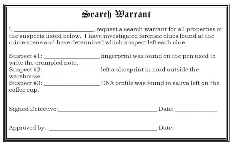 Op de afbeelding: Een zwart-wit doorzoekingsbevelformulier met lege regels om de namen van verdachten, de gevonden bewijzen en de handtekeningen van de rechercheur en de goedkeurende autoriteit in te vullen. Het formulier bevat bovenaan de tekst "Doorzoekingsbevel" en de datum.