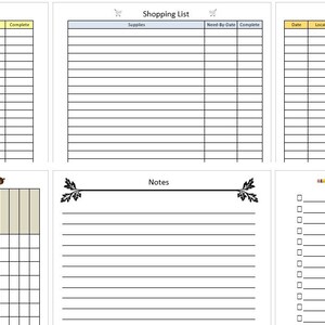 May include: A collection of six printable templates for organization. Includes a badge shopping list, shopping list, finance ledger, fundraising tracker, notes page, and to-do list. Each template features a grid layout with labeled columns for easy tracking and planning.