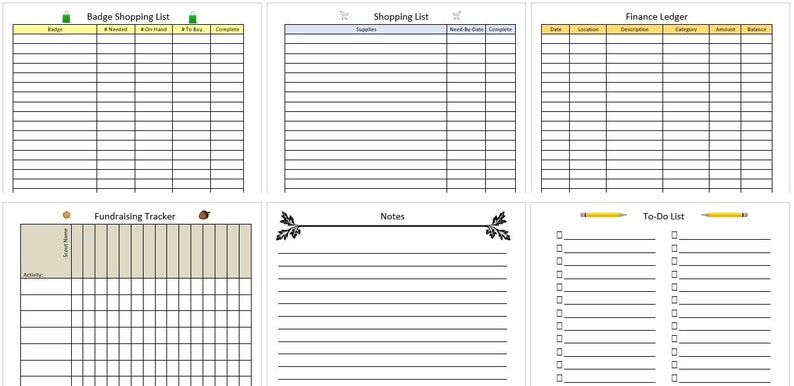 May include: A collection of six printable templates for organization. Includes a badge shopping list, shopping list, finance ledger, fundraising tracker, notes page, and to-do list. Each template features a grid layout with labeled columns for easy tracking and planning.