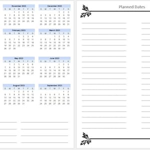 May include: A white planner with a 2022-2023 calendar and lined pages for notes. The calendar includes months from October 2022 to September 2023. The planner has the text "Planned Dates".