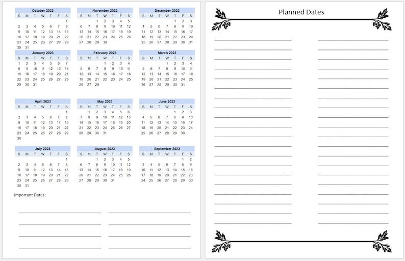 May include: A white planner with a 2022-2023 calendar and lined pages for notes. The calendar includes months from October 2022 to September 2023. The planner has the text "Planned Dates".