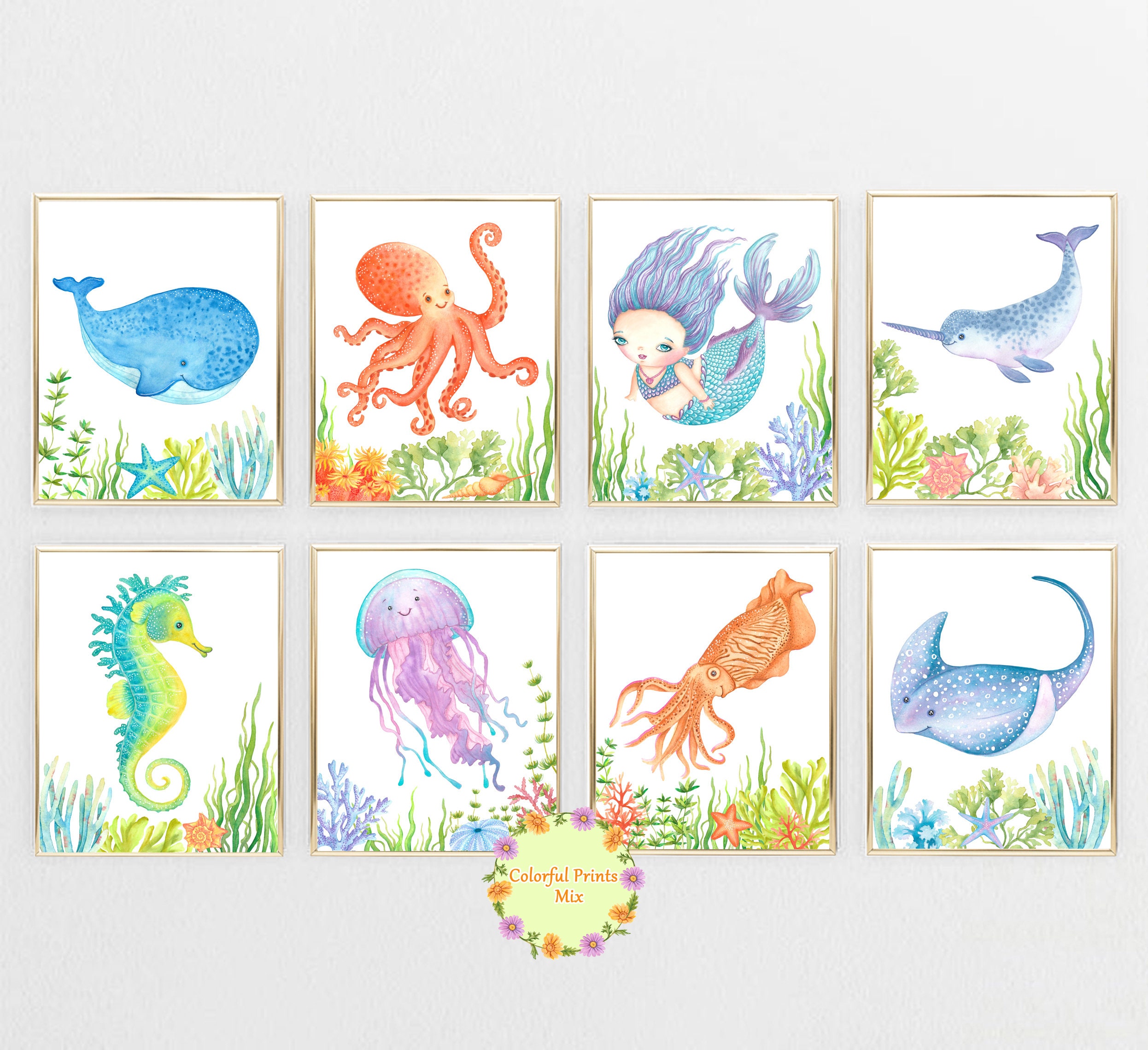 Set of 8 Under the sea wall art Ocean nursery decor Nautical Etsy