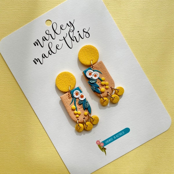 Australian Textured Floral Dangle Statement Polymer Clay Earrings Mustard yellow/Peach (5 component)
