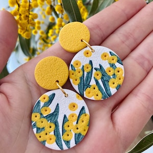 Australian Wattle Dangle Statement Polymer Clay Earrings textured - BOLD