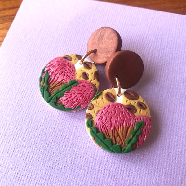 Australian Banksia Flower and Pod Statement Polymer Clay Earrings-PINK