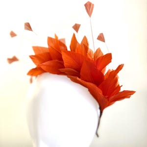 May include: An eye-catching orange feather headpiece, with large, layered feathers and delicate, upright accents. The headpiece is set against a white background, highlighting its bold colour and intricate design. A stylish accessory.