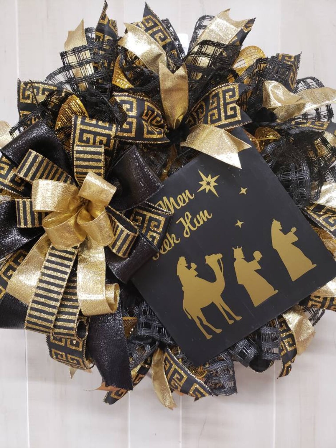 Elegant black and gold christmas mesh wreath modern Christmas | Etsy