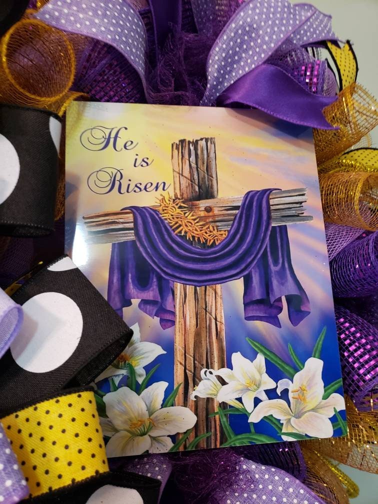 Purple He is Risen deco mesh wreath with metal sign Easter Etsy