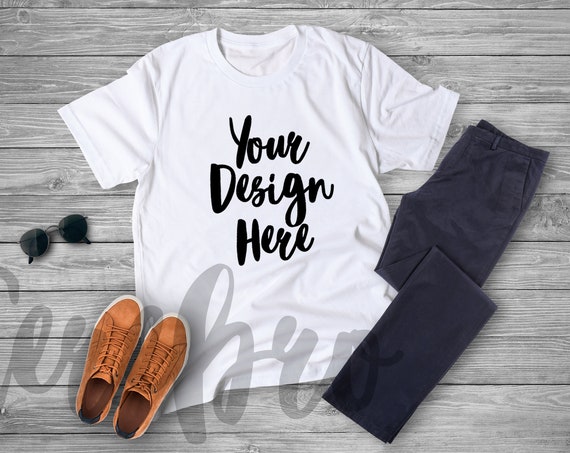 White Men T-Shirt Mockup Mock Up Wood Background Flat