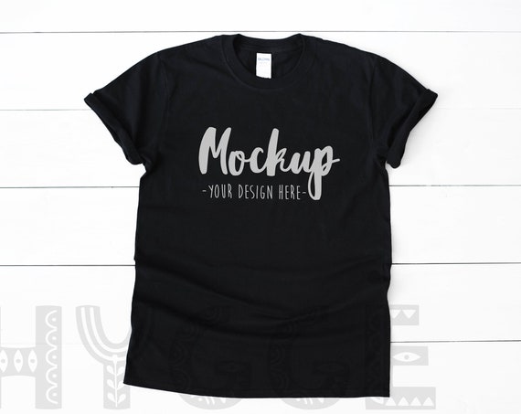 Gildan 64000 Black Basic T-Shirt Mockup Mock Up Wood