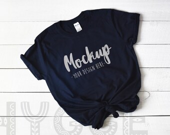 Download Gildan 64000 Navy Unisex T-shirt Mockup Mock Up Wood ...