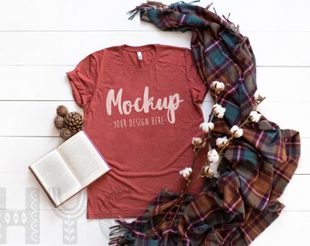 Download Free Bella Canvas 3413 Clay Triblend Halloween Mockup Fall Mockup Unisex T-shirt Mockup Mock Up Wood Background Flat Lay bella canvas mockup PSD Template