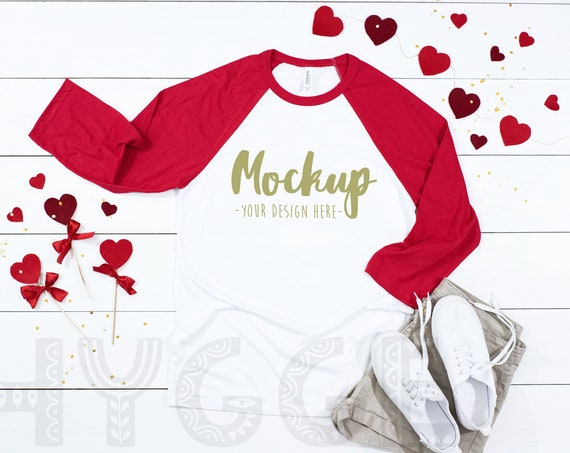 Valentines Bella Canvas 3200 Red White Raglan Mockup Unisex Valentines Bella Canvas 3200 Red White Raglan Mockup Unisex