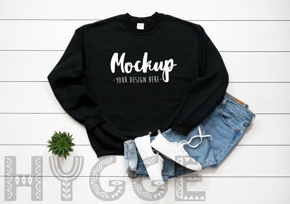 Gildan 18000 Basic Black Heavy Blend Fleece Crew Mockup Hoodie Etsy