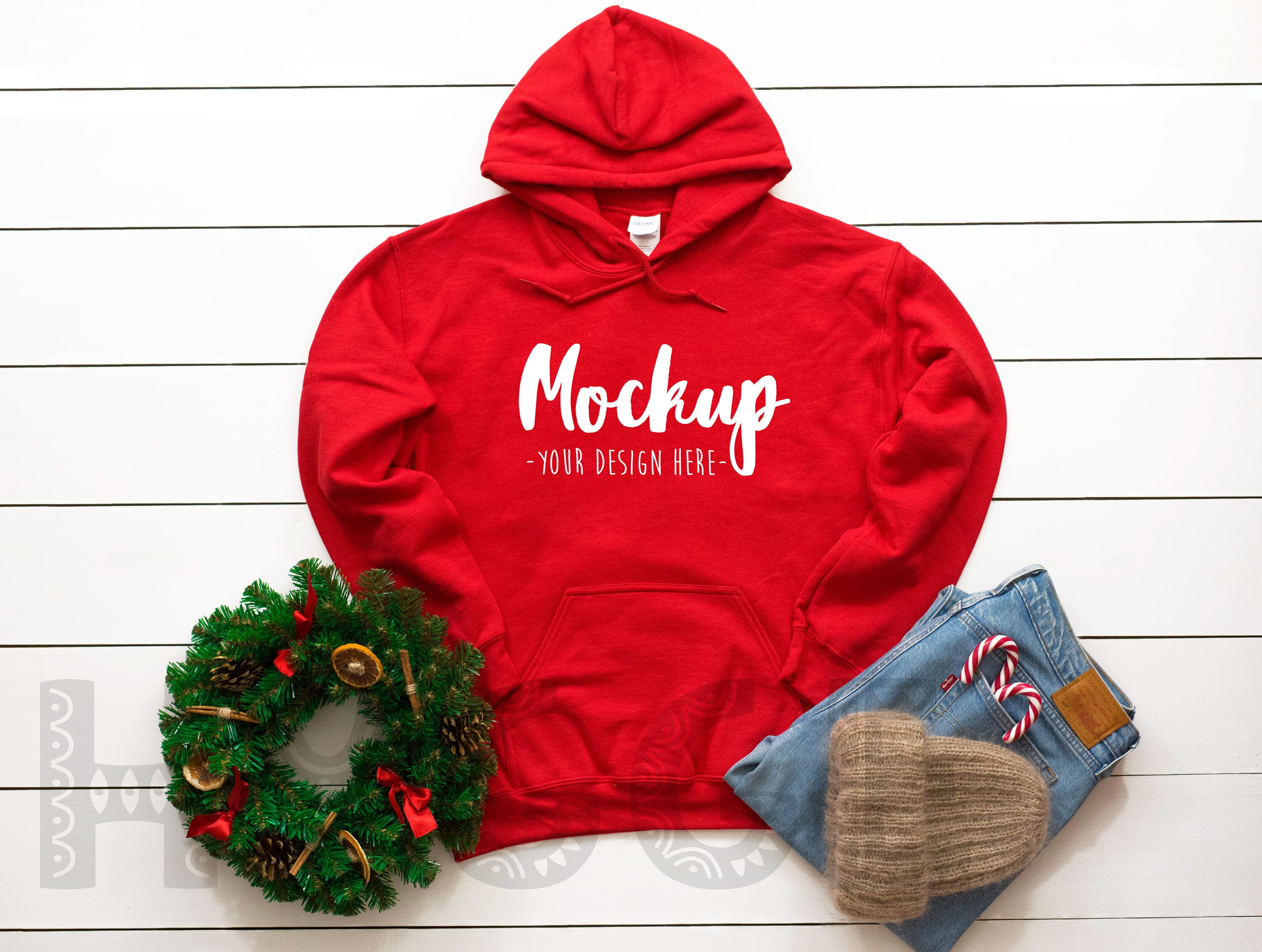 Gildan 18500 Red Christmas Mockup Unisex Hoodie Mockup