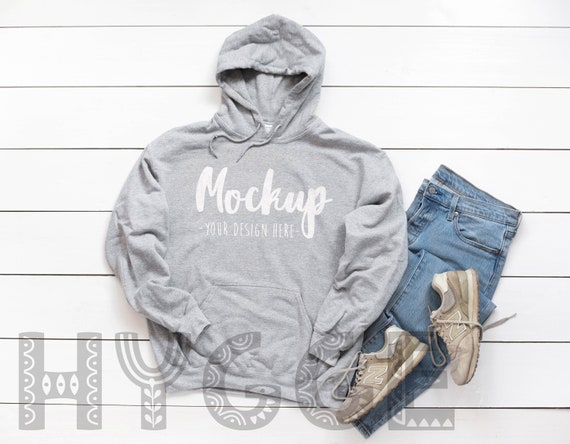 Download Gildan 18500 Grey Unisex Hoodie Mockup Pullover Mockup Wood Etsy