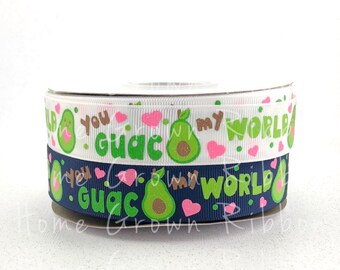 Guac My World Avocado 7/8" Grosgrain USDR Ribbon, Navy White Avocados Heart Hair Bow Supply High Quality Designer Ribbon Hair Bow Supply