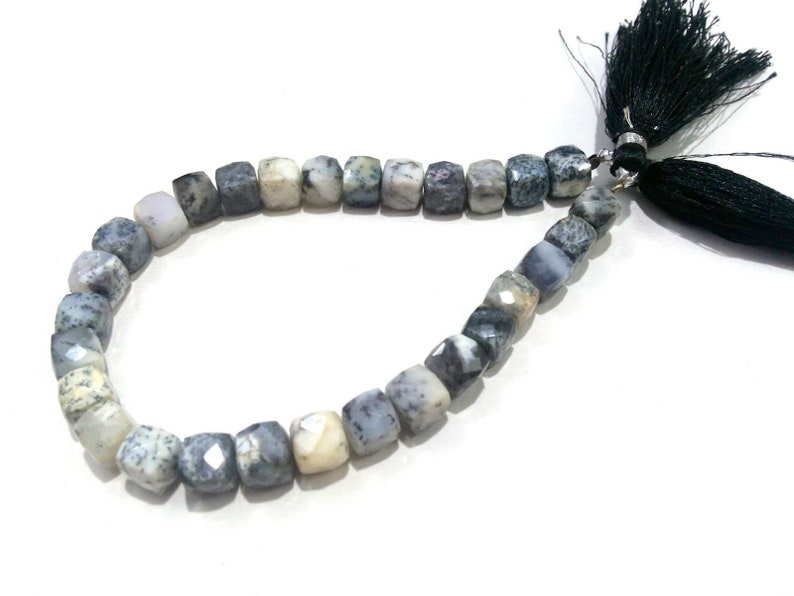 Natural Dendrite Opal 3D Cube Box Faceted Briolette 7-8mm Gemstone Beads 6 to 10 Strand Dendrite Opal Beads