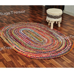Cotton Oval Rug, 4X6, 5X7, 6X8, 8X10 Oval Area Rug, Hand Braided Oval Rug, Oval Chindi Rug, Hand Woven Oval Rug, Recycled Cotton Rug