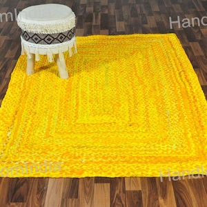 Yellow Area Rug, Yellow Cotton Rug, Hand Woven Rugs, Cotton Tufted Rugs, Yellow Chindi Rug 5X8,  Reversible Area Rug, Rugs For Living Room