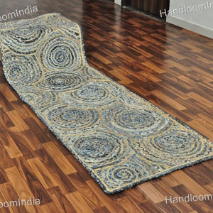 Hand-braided denim jute hallway runner 2 X 6 feet, bohemian reversible entryways rug runner 2.5 X 8 feet, braided living room rugs 3 X 10 ft