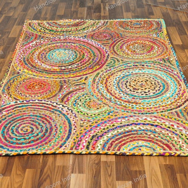 Psychedelic Rug, Mandala Pattern Rug, Cotton Tufted Rug, Natural Jute Rug, Braided Area Rug, Woven Rug, Eco Friendly Rug, Boho Decor Rugs