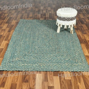 Green Cotton Rug, Green Chindi Rug for Living Room, Tufted Cotton Rug for Dining Table, Braided Rugs, Pet Friendly Rug, Cotton Foyer Runner