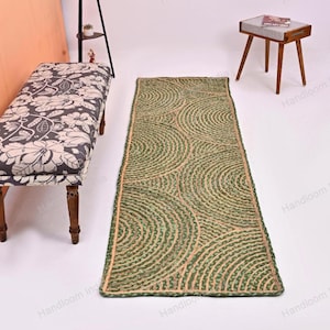 Boho groene katoenen loper voor hal/toegangsdeur/keuken/badkamer, zacht katoenen loper tapijt, jute katoenen loper voor trappen, badloper