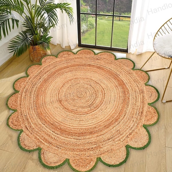 Green Scallop Rug, Natural Fiber Round Scalloped Rug, Round Scallop Rug, Dining Room Round Scallop Rug, Patio Area Round Scallop Rug ON SALE