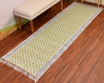 Hand Block Printed Cotton Runner for Kitchen/Hallway/Stairs/Entryway, Washable Cotton Runner, Hand Loom Cotton Rug, Organic Cotton Runner
