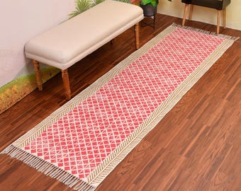 Cotton Runner Rug, Washable Cotton Rug, Cotton Stair Carpet, Hand Block Print Rug, Machine Washable Rug, Cotton Runner for Kitchen/Hallway
