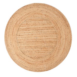 May include: A circular jute rug in natural tones. The rug has a woven texture with a circular design. The outer edge has a thicker, braided border, and the centre has a more open weave. Suitable for indoor use, this rug measures approximately 150 cm in diameter.