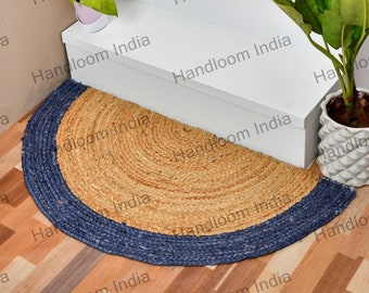 Bordered Doormat, Half Circle Doormat, Half Moon Doormat, Navy Blue Doormat, Half Round Doormat, Rug for Fireplace, Rug for Entryway