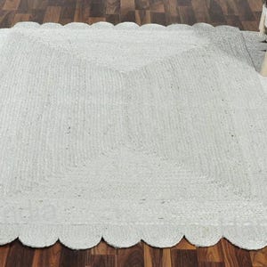 White Scalloped Rug, White Jute Rug Runner, Scalloped Jute Rug, Square Scalloped Rug for Dining Table, White Seagrass Rug, Bohemian Jute Rug