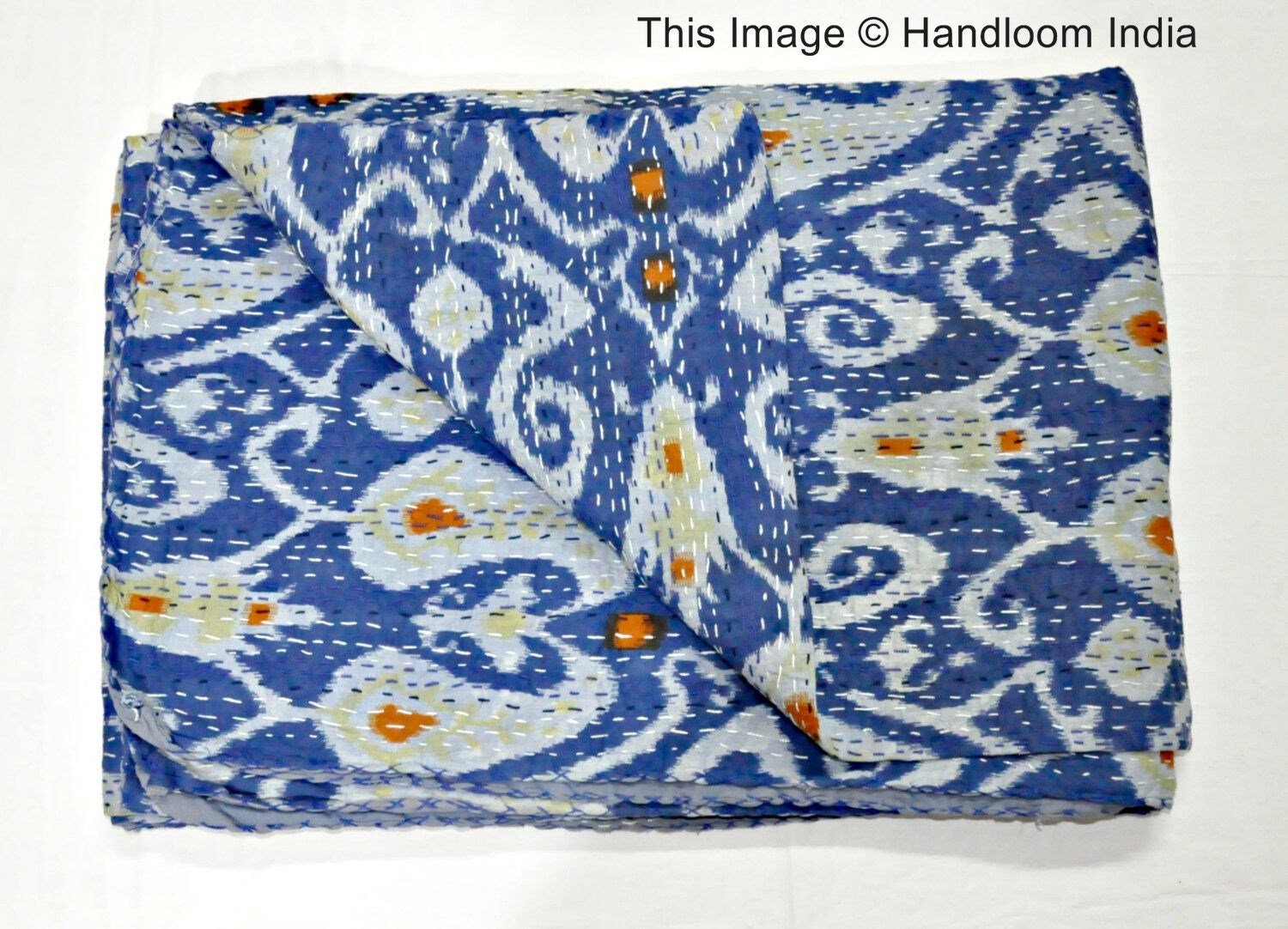 Queen Ikat Kantha Quilt in Blue Applique Kantha Blanket Throw Etsy